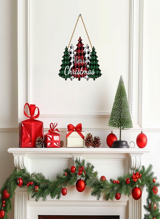 YUNKKIN Christmas Wall Decor Merry Christmas Sign Buffalo Plaid Tree Door Decorations Wooden Front Door Hanger Tree Hanging Sign Wreath for Wall Indoor Home Decor - Image 4